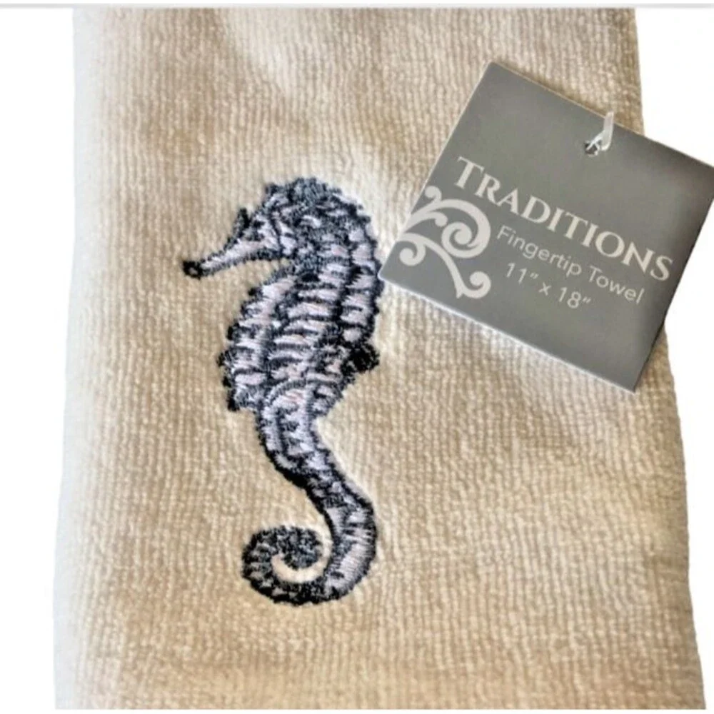 Traditions Seahorse Fingertip Towel Embroidered Ivory Summer Beach Home 11x18